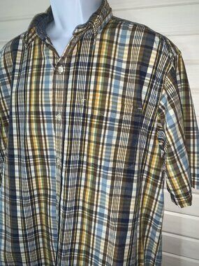 Bob Timberlake Sz XL Yellow Blue Plaid Button Up Cotton Camp Shirt EUC